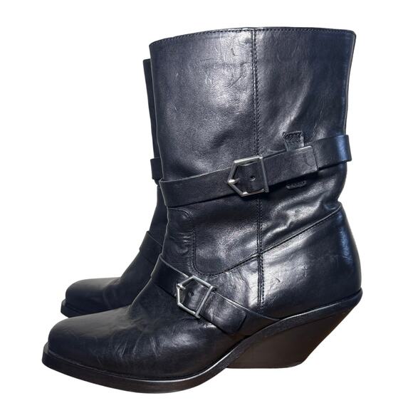 ZARA Black Leather Tall Buckle Boots | Square Toe Wedge Heel | Size 39 (US 8.5 - Picture 5 of 8